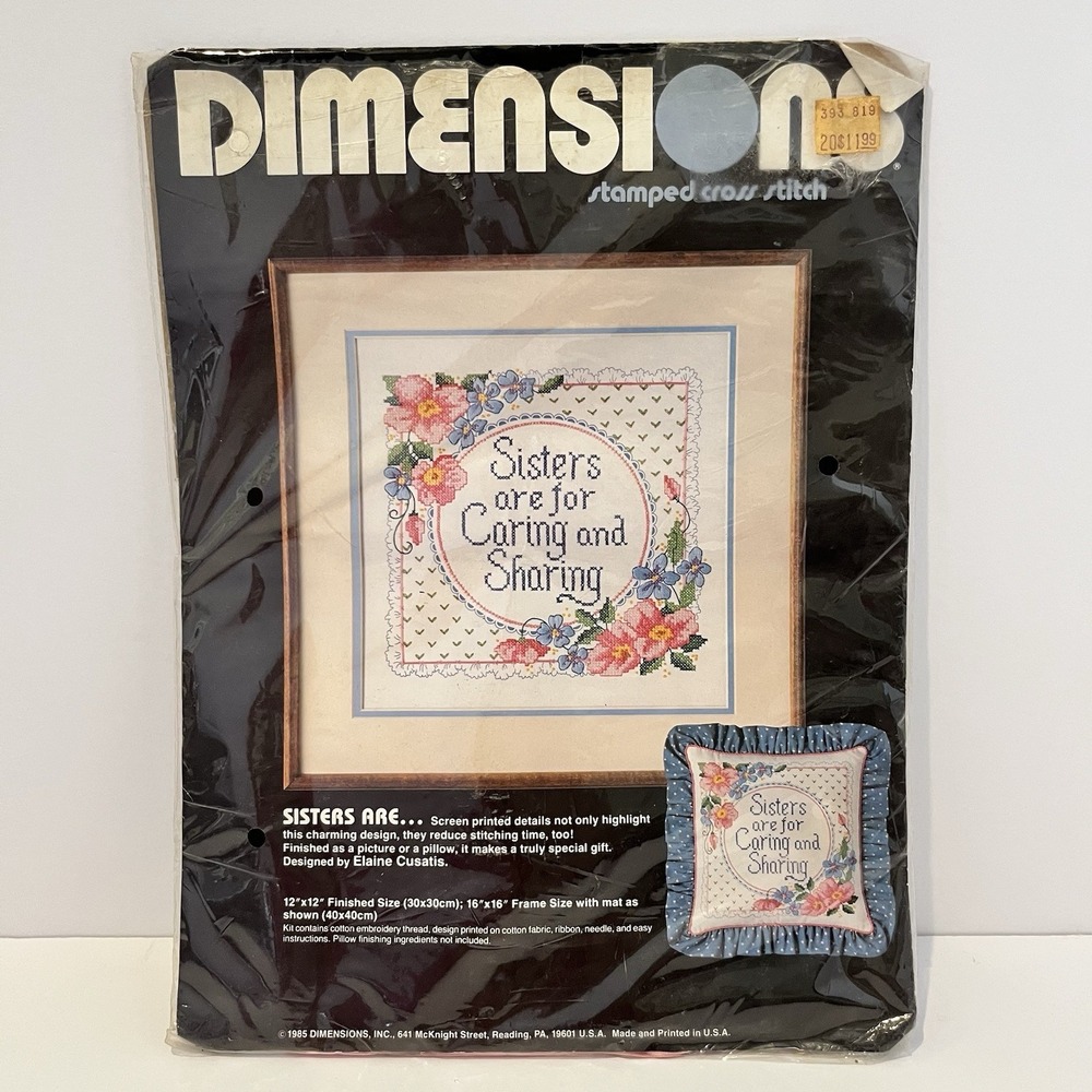 VTG Dimensions Stamped Cross Stitch Kit 3050‎ Sisters Are 12x12 Floral Cottage